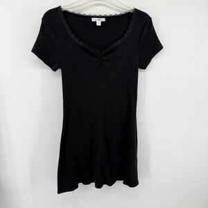 Y2K Sugar & Jade Womens XL Black Ribbed Lace Trim V-Neck Short Sleeve Mini Dress